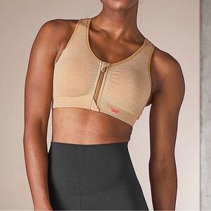 SHEFIT Lounge Bra Luxe Beige Front Zip Sports Bra Wireless Comfort Active
